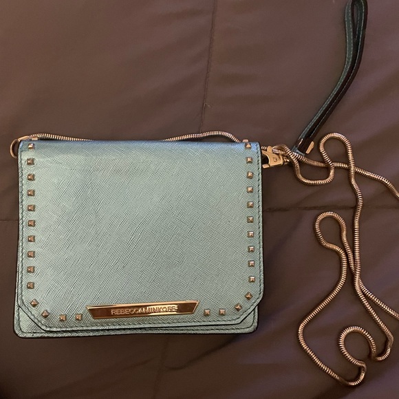 SALE Rebecca Minkoff Mini Crossbody or Clutch metallic teal blue purse - Picture 2 of 4